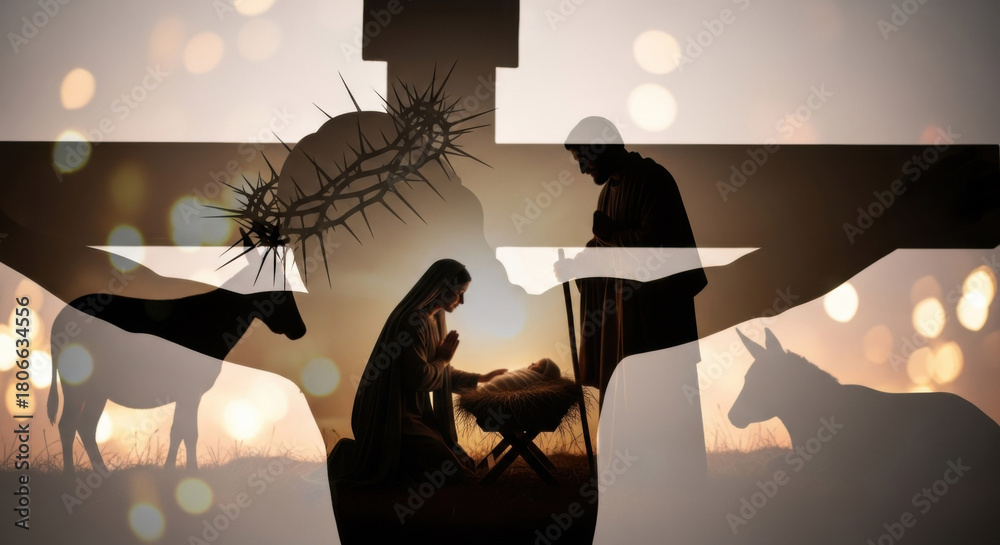 Naklejka premium Nativity scene with Virgin Mary, baby Jesus, and Joseph silhouette inside a cross and crown of thorns for Christmas theme.