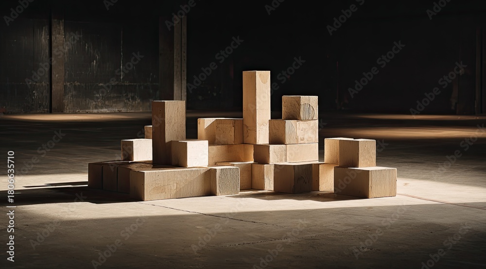 Obraz premium Light-filled, dimly lit industrial space. Wooden blocks arranged in a city-like structure