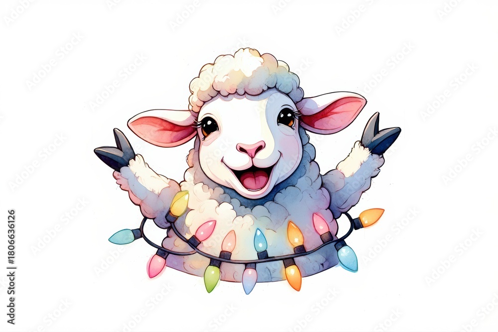 Fototapeta premium A Cheerful Cartoon Sheep Joyfully Enjoying Holiday Lights with a Playful Expression, Surrounded by Brightly Colored Christmas Decorations