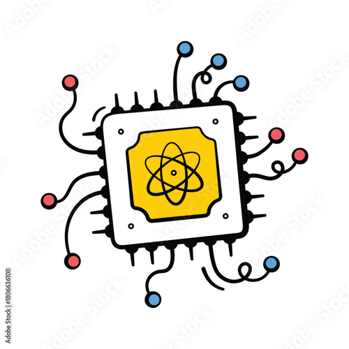 A trendy doodle style icon showing quantum computing system