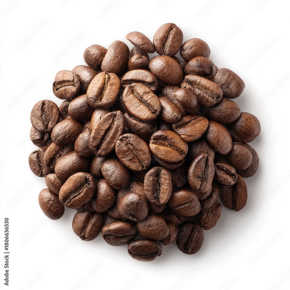 Naklejka premium Roasted coffee beans clustered atop white background