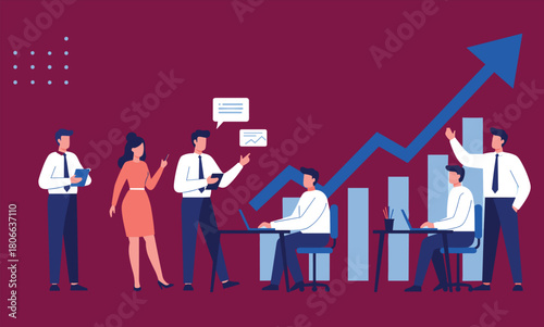 Business team working together on financial growth strategy with upward arrow chart