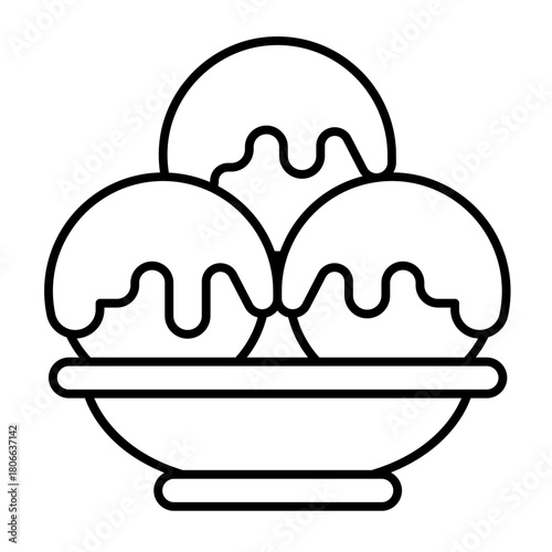 Balls of delicious icecream thin line icon, desert sweets concept. Vector graphics. Assorted ice cream in ceramic plate sign on white background, style icon mobile or web design.