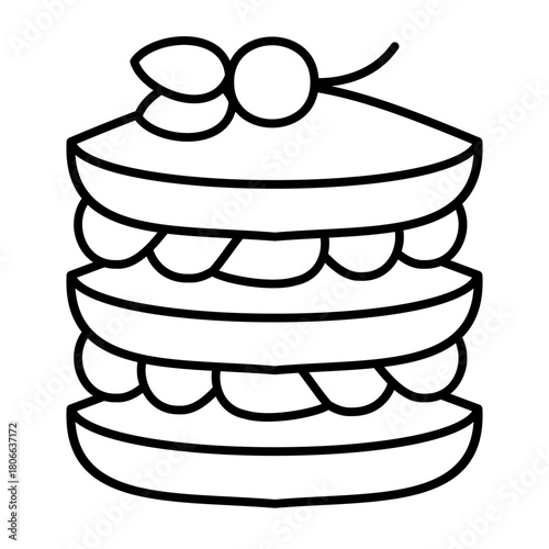 Pastry with cream and cherry thin line icon, desert sweets concept. Vector graphics. Baked pancakes sign on white background, style icon mobile or web design.