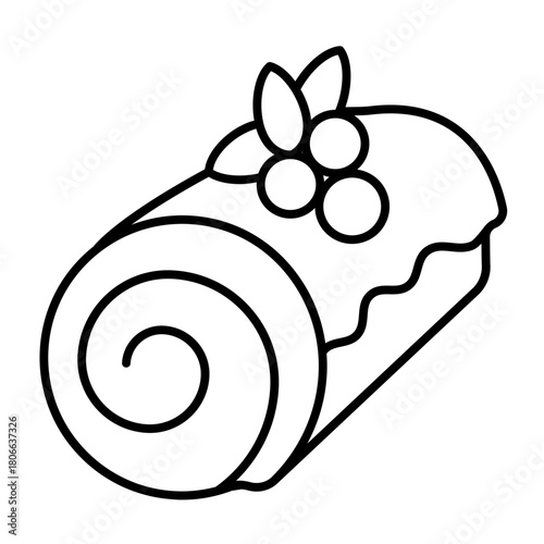 Roll bun thin line icon, desert sweets concept. Vector graphics. Fresh bun with poppy seeds in glaze and berries sign on white background, style icon mobile or web design.