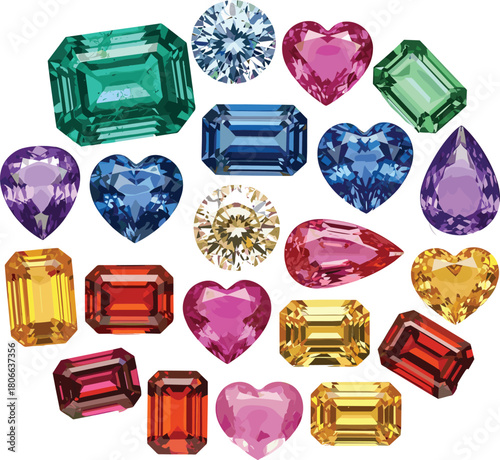 Colorful set of faceted precious gemstones and diamonds isolated on grey background