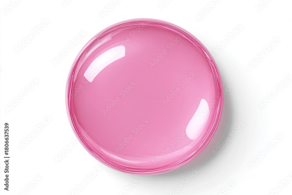 Obraz premium Overhead view of a round, pink cosmetic container. Glossy, smooth surface