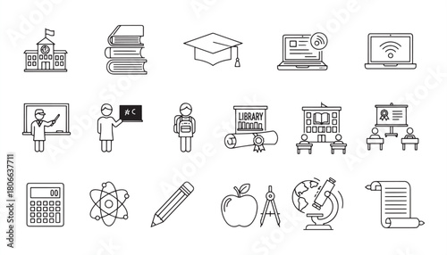 Education & School Icon Set – Learning, Study, Classroom, University, and Academic Symbols