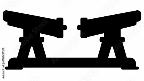 Silhouette depiction of two parallel balance beams with supporting structures in black color scheme
