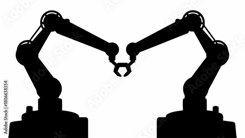 Two robotic arms in silhouette reaching towards each other with grippers in the center frame area