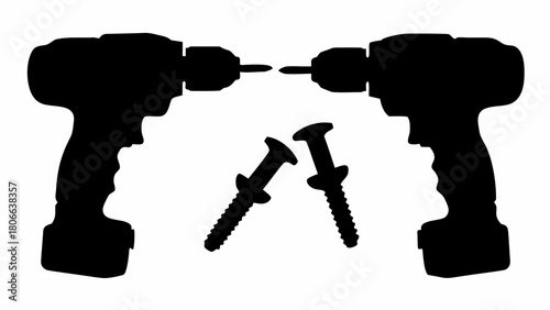 Silhouette of two drills facing each other with two screws in the middle on a white background