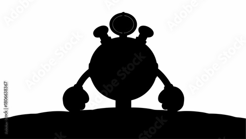 Silhouette of a round robot with arms and a gauge on top standing on a ground surface view