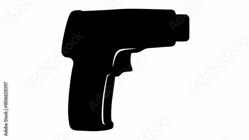 Silhouette of a handgun with a distinct grip and barrel shown in stark black against a white background