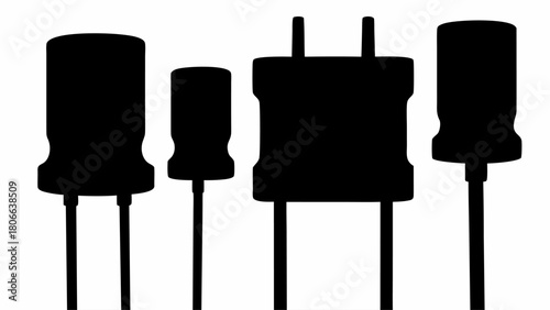 Silhouette depiction of four electronic components including capacitors on a white background