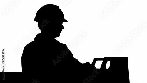 Silhouette of a worker wearing a hard hat operating machinery in black and white design view