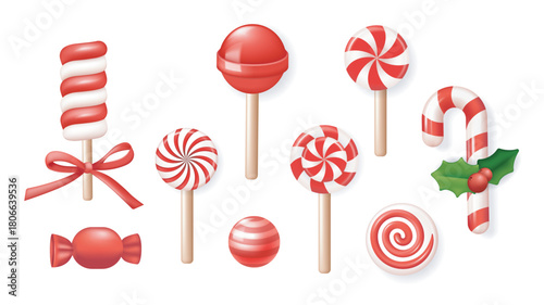 Christmas candies 3d elements set in realistic render design. Collection of red and white twisted glossy candy cane, lollipops and sugar desserts, shiny traditional confectionery. Vector illustration.