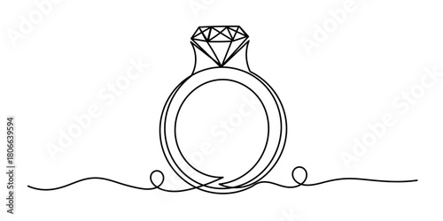 Diamond engagement ring .continuous line drawing of diamond wedding ring on a white background. Wedding gold Ring illustration. single-line proposal engagement and love marriage invitation concept.