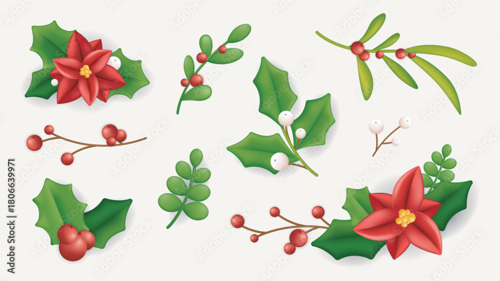 Naklejka premium Christmas holly berry 3d elements set in realistic render design. Collection of glossy red flowers with green leaves, twigs with berries, festive flourish decoration composition. Vector illustration.