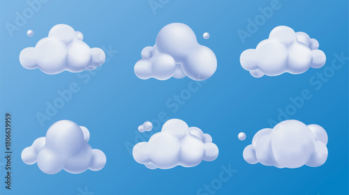 Clouds 3d elements set in realistic render design. Collection of abstract glossy fluffy cumulus shapes in blue sky, soft rounded cartoon cloudscape, floating cloudy balloons. Vector illustration.