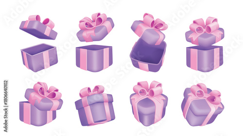 Gift box 3d elements set in realistic render design. Collection of open and closed purple present with pink ribbon and bow in different view, flying holiday surprise giftboxes. Vector illustration.