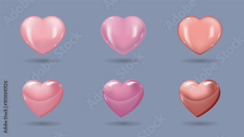 Pink and red hearts 3d elements set in realistic render design. Collection of glossy romantic symbols, floating amorous shapes for Valentines day, love, wedding celebration. Vector illustration.