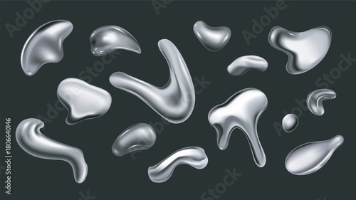 Silver liquid shapes 3d elements set in realistic render design. Collection of glossy chrome liquid blobs, shiny metallic fluid with glass reflectives, mercury pouring effect. Vector illustration.