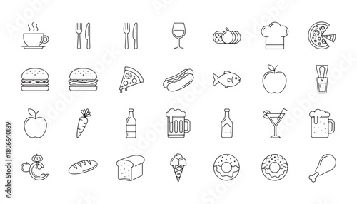 Food & Drink Icon Set – Meals, Beverages, Fast Food, Desserts, Bakery and Healthy Eating Symbols