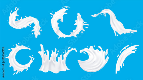 Milk splash 3d elements set in realistic render design. Collection of white yogurt and dairy liquid products falling, pouring and motion with drops, swirl and crown movement. Vector illustration.