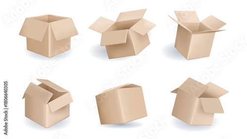 Brown packing box 3d elements set in realistic render design. Collection of open and closed cardboard parcels, empty delivery paper packages, storage container in different view. Vector illustration.