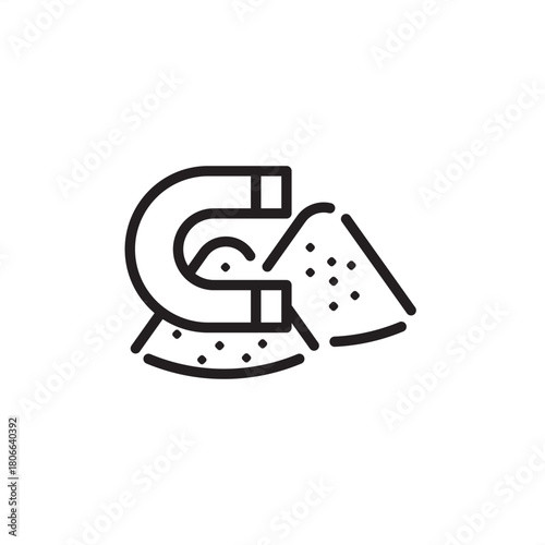 Powder metallurgy icon showing a magnet attracting metallic powder. Represents material processing, sintering, magnetic separation, and industrial manufacturing for high-strength components.