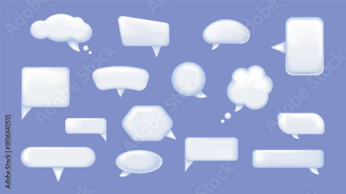 Speech bubbles 3d elements set in realistic render design. Collection of white empty chat box frames, dialogue balloons, messages and chatting shapes, round or square templates. Vector illustration.