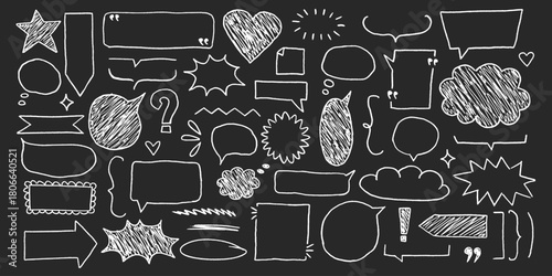 Hand drawn speech bubbles with grainy chalk texture and playful geometric shapes, text box chalkboard accents, empty dialog frames, soft crayon strokes and dusty finish.