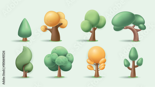 Abstract trees 3d elements set in realistic render design. Collection of green or yellow rounded foliage plants, glossy cartoon forest or garden with plasticine or plastic effect. Vector illustration.