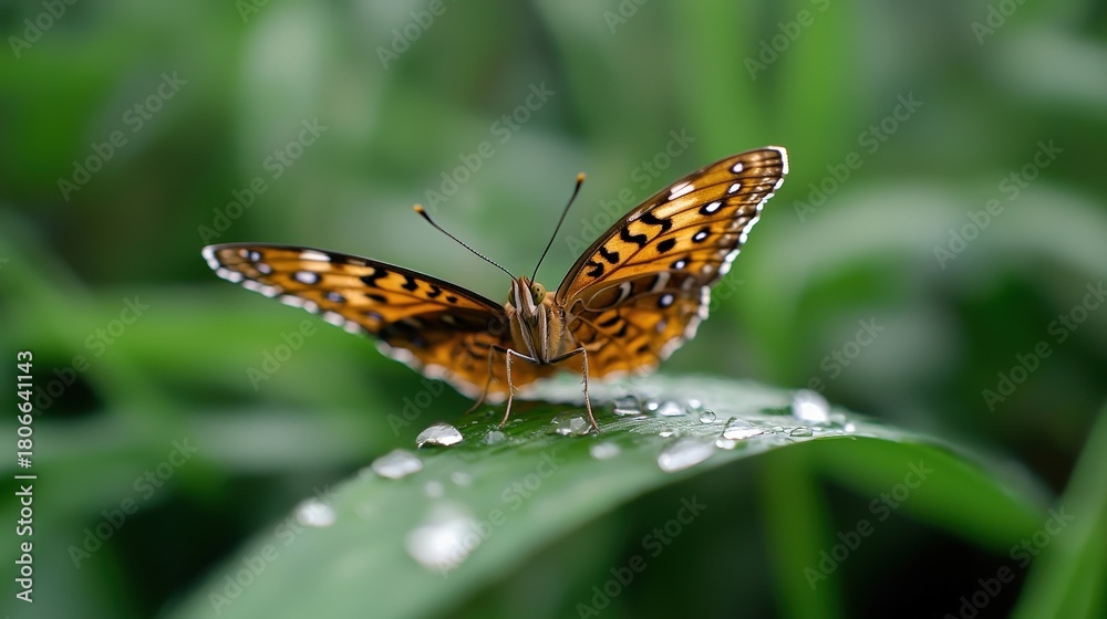 Fototapeta premium A butterfly hovering over a water droplet on a blade of grass, styled for delicacy