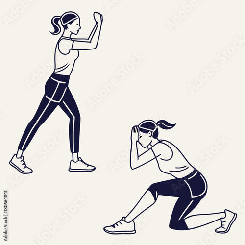 Two women in exercise poses showing fitness routine and workout in vector illustration format art style