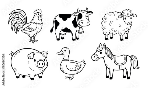 Cute hand drawn farm animals in two rows isolated on white background