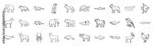 Collection of Animal Line Drawings Including Elephant, Horse, Bear, Dog, and Fish