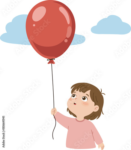 Little girl holding a red balloon in a sky with blue clouds.