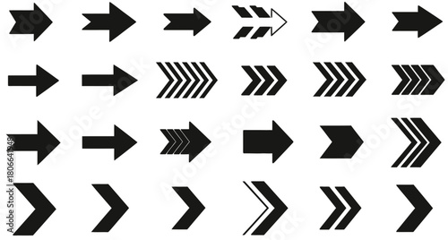 Collection of black arrow icons pointing right with various designs direction symbol