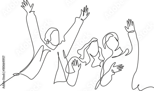  Cheering Crowd Continuous One Line Art  | People Celebrating with Hands Up