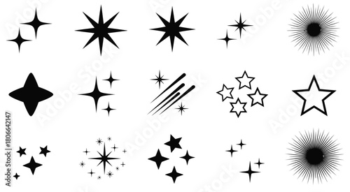 Collection of black starburst and sparkle graphic elements on white background vector