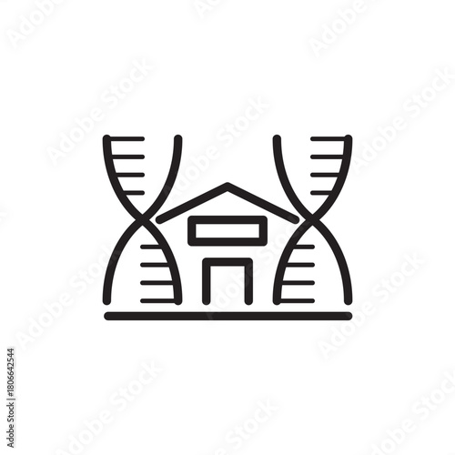 Biomanufacturing facility icon. Features a building flanked by DNA strands. Represents biotechnology, genetic engineering, pharmaceutical production, and life science RnD. Vector for modern innovation