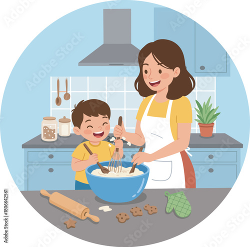 Cartoon mom and son baking cookies in a cheerful, blue kitchen.