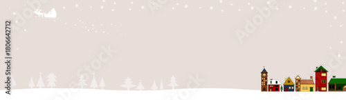 クリスマスの背景素材　サンタクロースとトナカイ　クリスマスツリーと冬の街並み　フレーム素材　バナー2