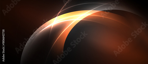 Abstract design features curved lines, warm colors, bright glow. Dramatic lighting creates dynamic visual impact.