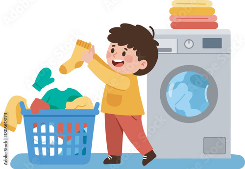 Smiling boy sorting laundry near washing machine in bright, vector art