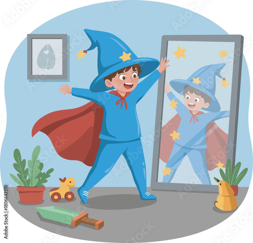 Smiling boy in wizard costume looking in mirror with playful mood
