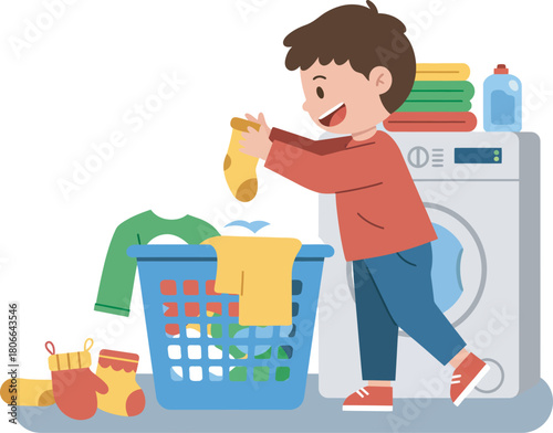 Cartoon boy putting clothes in a basket near washing machine.