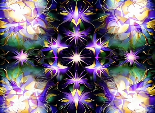 Abstraktes florales Kaleidoskop in Violett und Gold – leuchtendes symmetrisches Muster - magische Blütenlichter