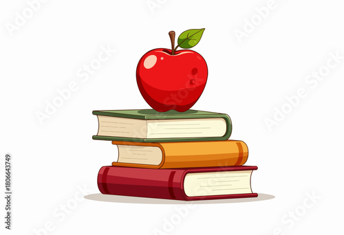 Illustrated Still Life Featuring a Red Apple Balanced on a Stack of Three Multicolored Books Symbolizing Knowledge and Learning